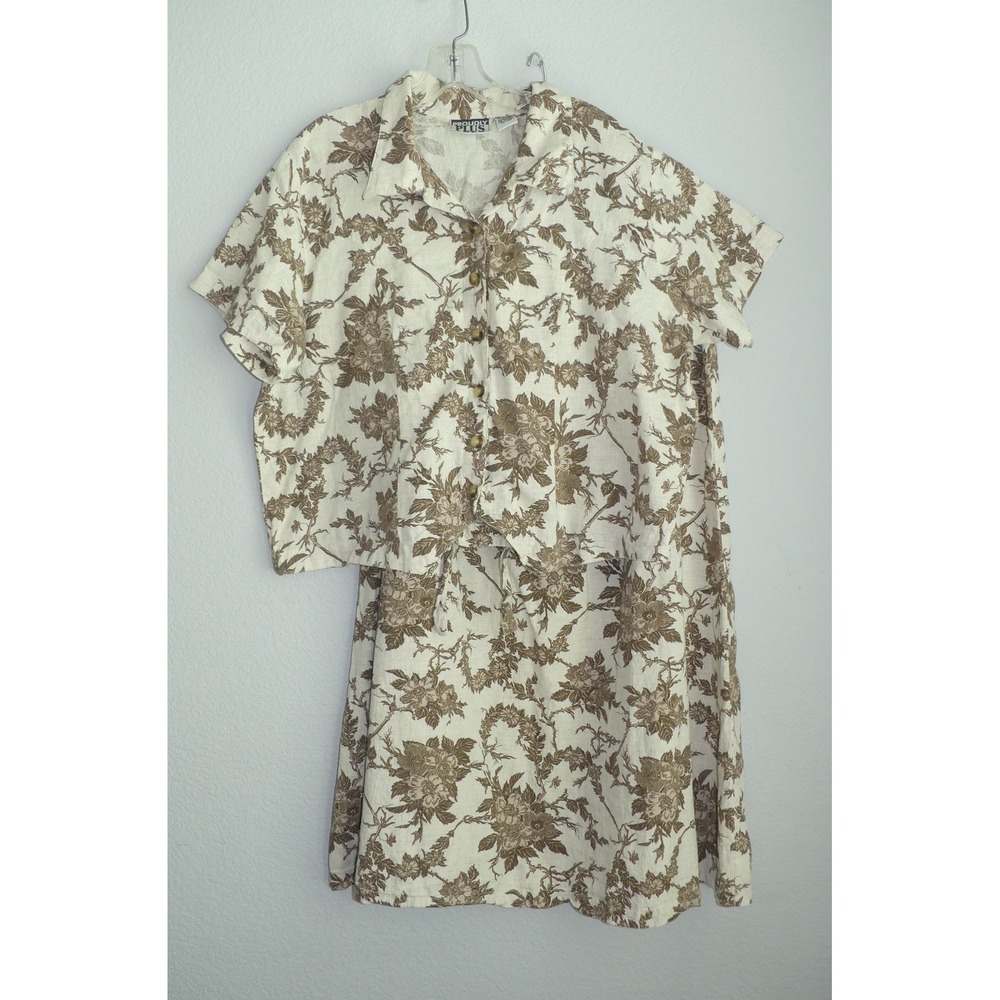 Proudly Plus Women 22 Floral Toile Skirt Set Linen Blend Beige Brown Vintage 2pc